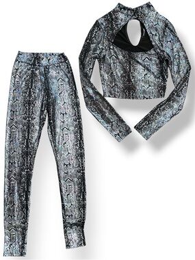 Fashion Nova Black Active Set with Iridescent Blue-Green Print